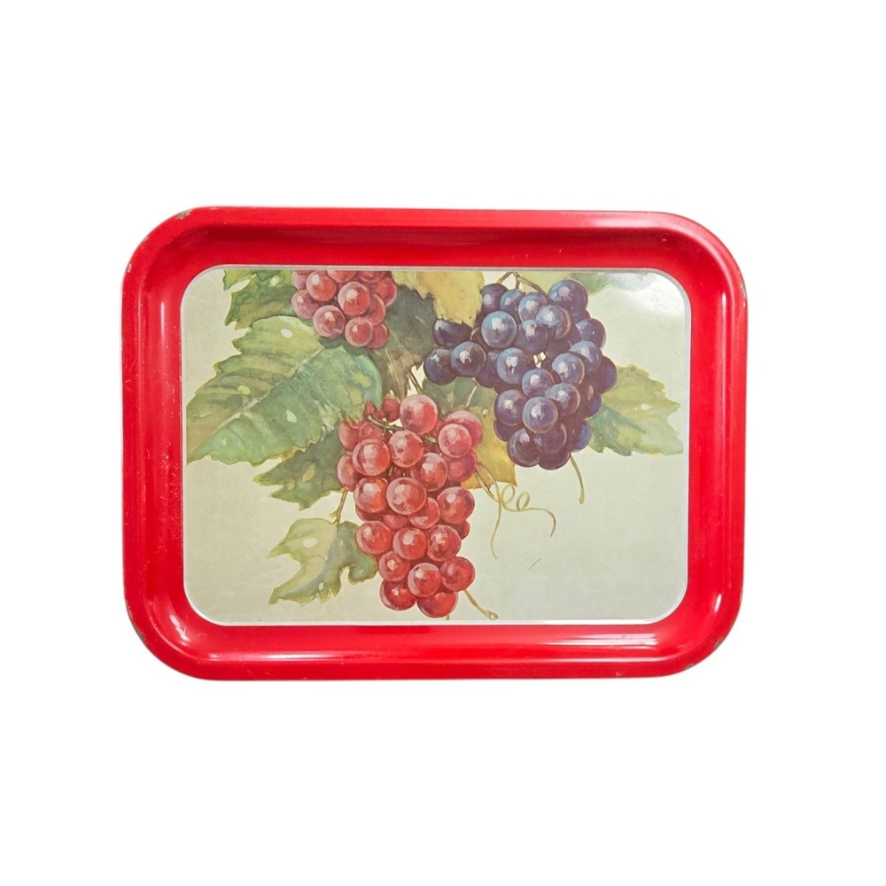 Vintage Metal Serving Trays Red Trim W/Grapes Design 10.5" x 13.75" Mid-Century